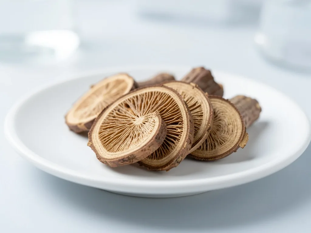 Dried herbal root on white surface