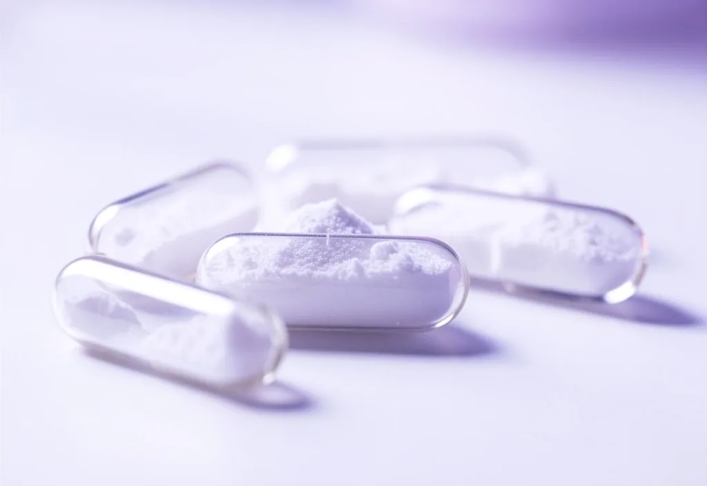 Clear supplement capsules on a clean laboratory surface