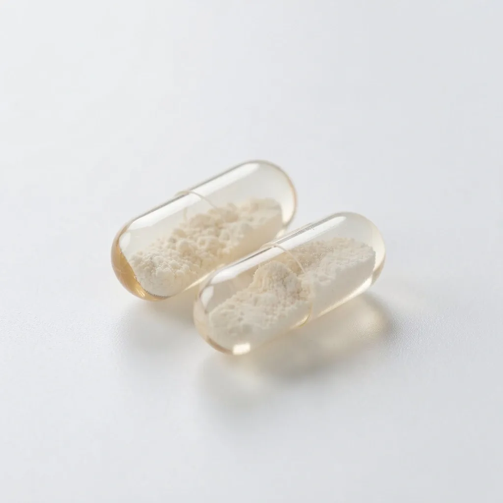 Clear supplement capsules on a white laboratory surface