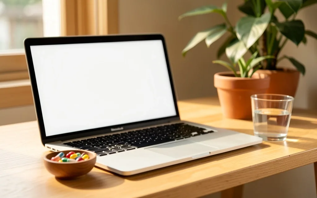 Workspace with laptop and herbal tea